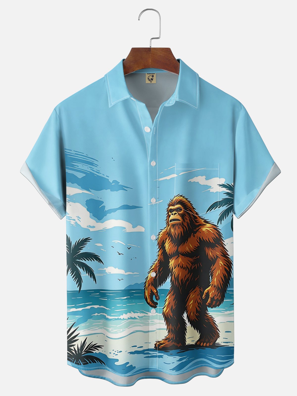 Moisture-Wicking Gradient Coconut Trees Beach And Bigfoot Print Chest Pocket Hawaiian Shirt