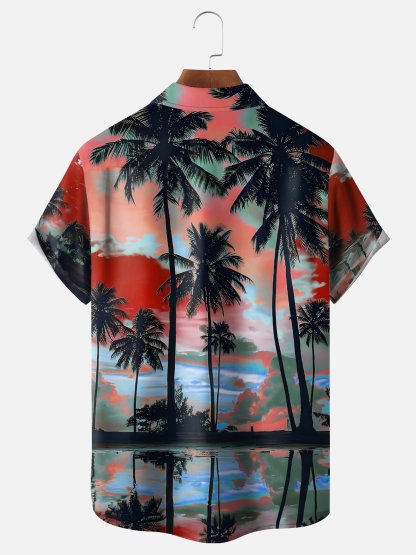 Moisture-wicking Beach Sunset Coconut Tree Chest Pocket Hawaiian Shirt