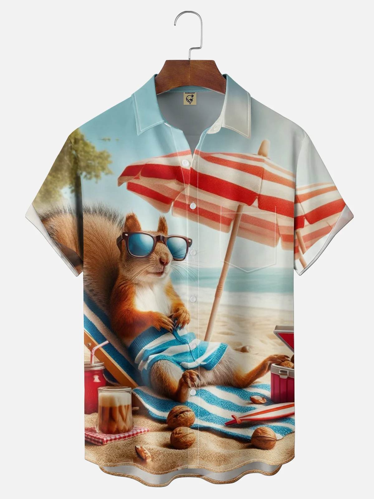 Moisture-wicking Squirrel Beach Vacation Fun Chest Pocket Hawaiian Shirt