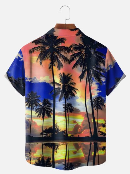 Big Size Moisture-wicking Beach Sunset Coconut Tree Chest Pocket Hawaiian Shirt