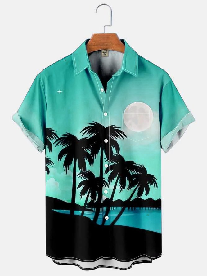 Tall Size Moisture-wicking Palm Tree Chest Pocket Hawaiian Shirt