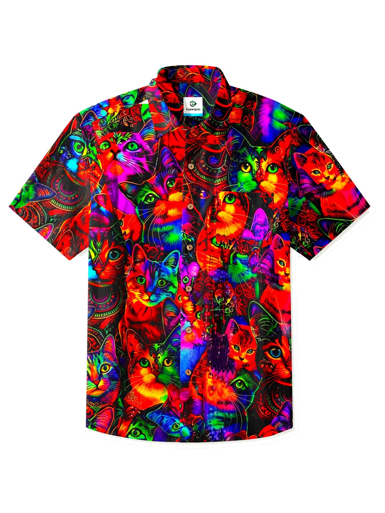 Expospan® Men's Short Sleeve Button-Up Psychedelic Cat Hawaiian Shirt