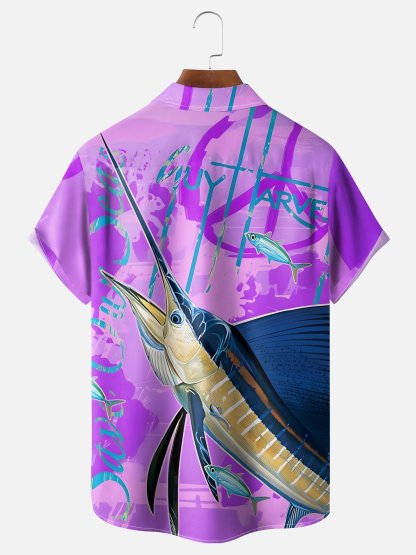 Moisture-wicking Swordfish Ocean Chest Pocket Hawaiian Shirt
