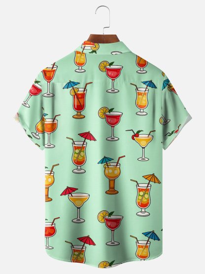 Moisture-Wicking Cocktail & Lemon Slice Print Chest Pocket Hawaiian Shirt