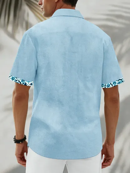 Moisture Wicking Solid Color With Floral Patchwork Chest Pocket Holiday Hawaiian Shirt