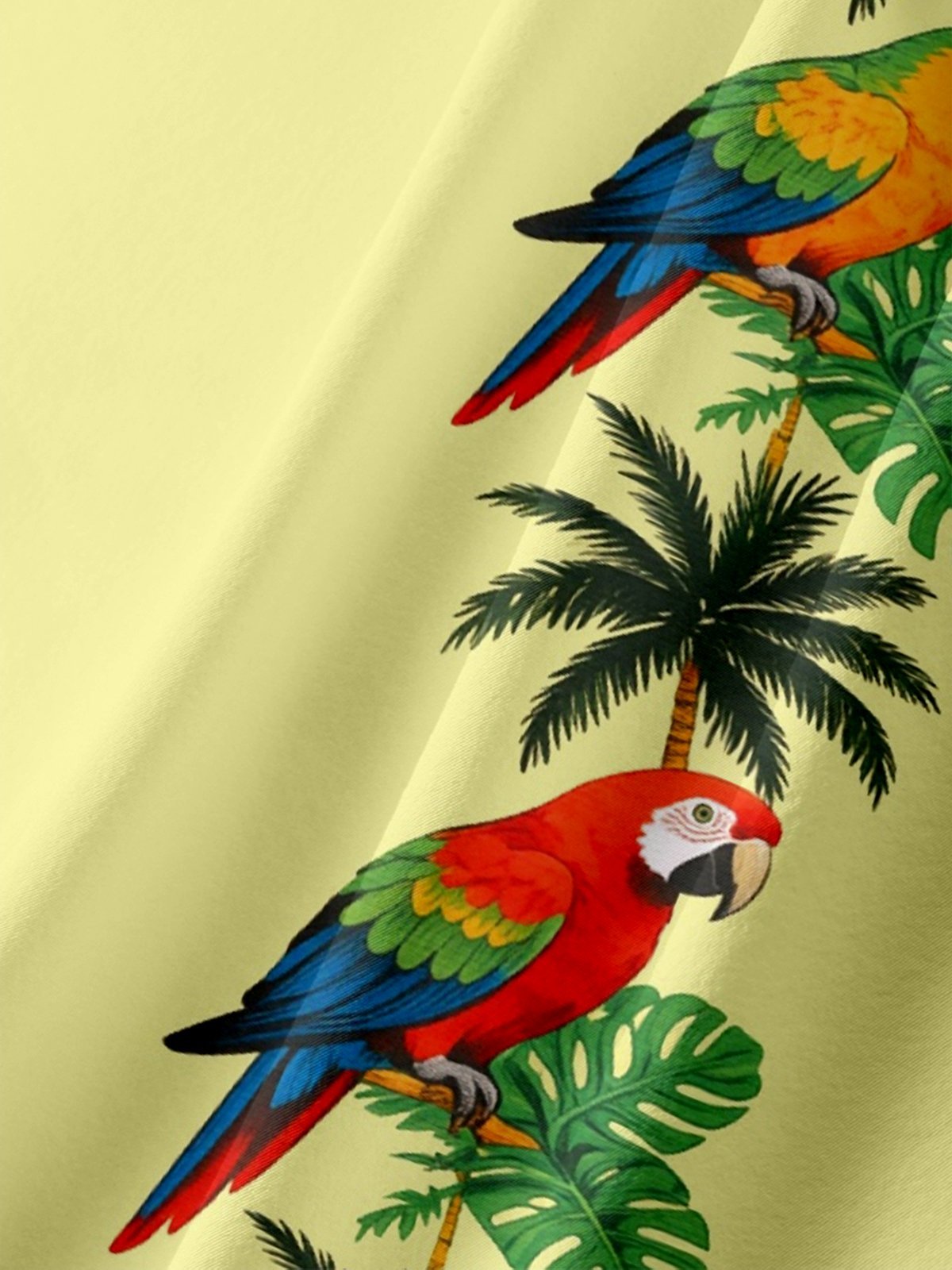 Moisture-Wicking  Coconut Trees Palm Leaves Parrots Chest Pocket Hawaiian Shirt