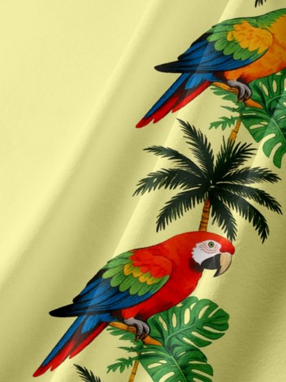 Moisture-Wicking  Coconut Trees Palm Leaves Parrots Chest Pocket Hawaiian Shirt