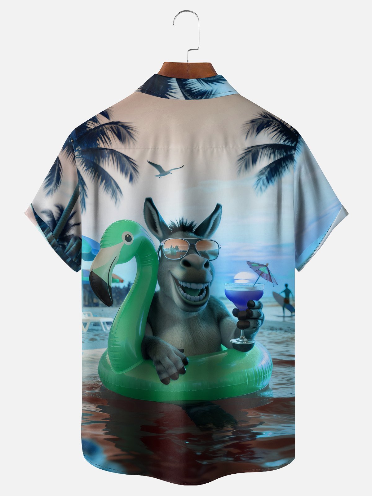Moisture-wicking Donkey Flamingo Coconut Tree Beach Chest Pocket Hawaiian Shirt