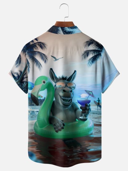 Moisture-wicking Donkey Flamingo Coconut Tree Beach Chest Pocket Hawaiian Shirt