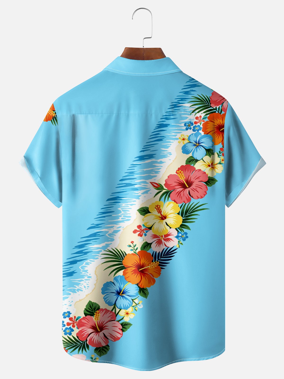 Moisture-Wicking Ombré Hibiscus & Wave Pattern Chest Pocket  Hawaiian Shirt