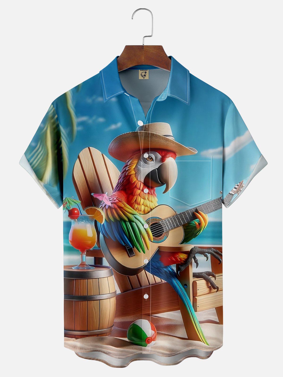 Moisture-wicking Retro Avant-garde Parrot Guitar Beach Cocktail Summer Blue Chest Pocket Hawaiian Shirt