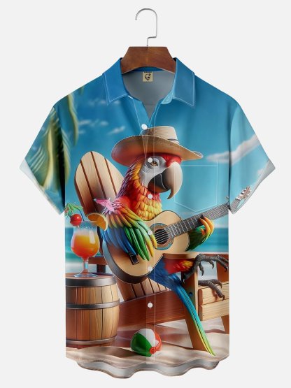 Moisture-wicking Retro Avant-garde Parrot Guitar Beach Cocktail Summer Blue Chest Pocket Hawaiian Shirt