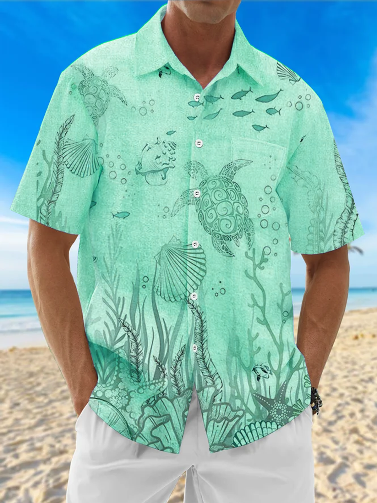 Moisture Wicking Ocean Turtle Chest Pocket Hawaiian Shirt