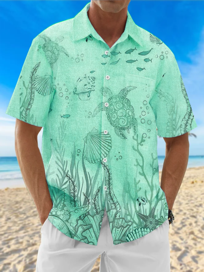 Moisture Wicking Ocean Turtle Chest Pocket Hawaiian Shirt