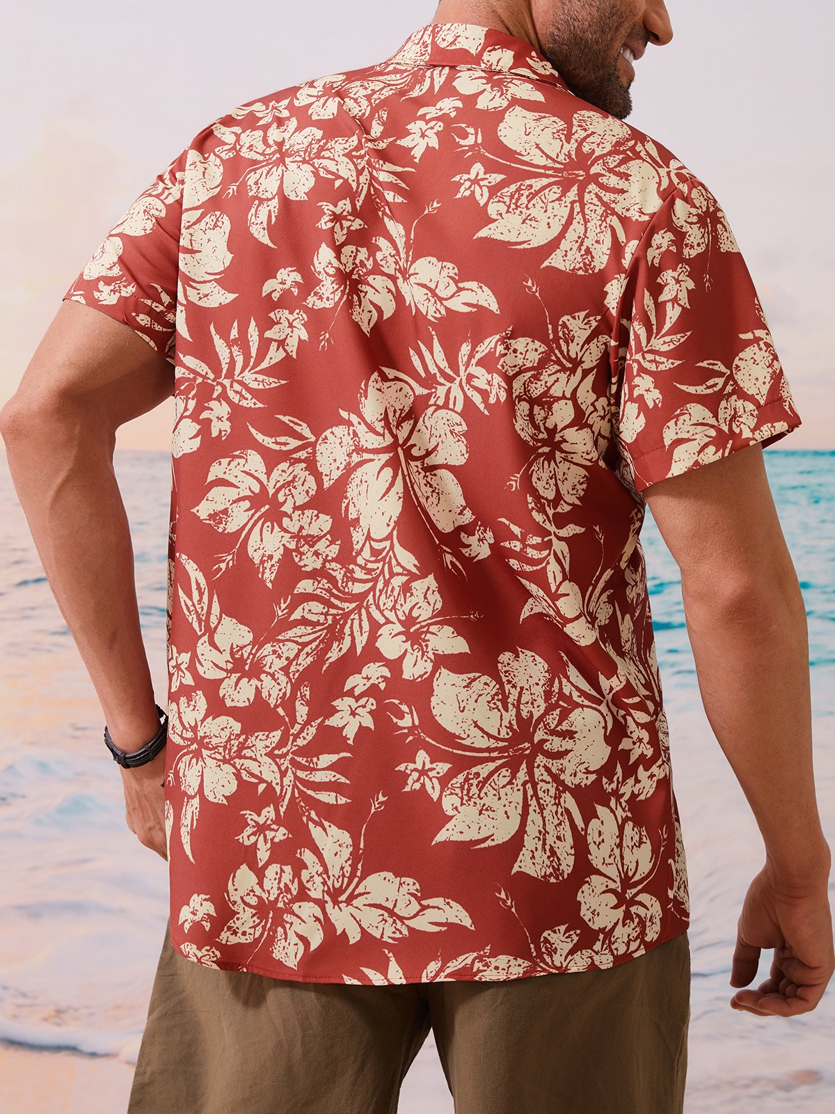 Holiday Style Hawaiian Series Plant Flower Leaf Element Lapel Short-Sleeved Shirt Print Top