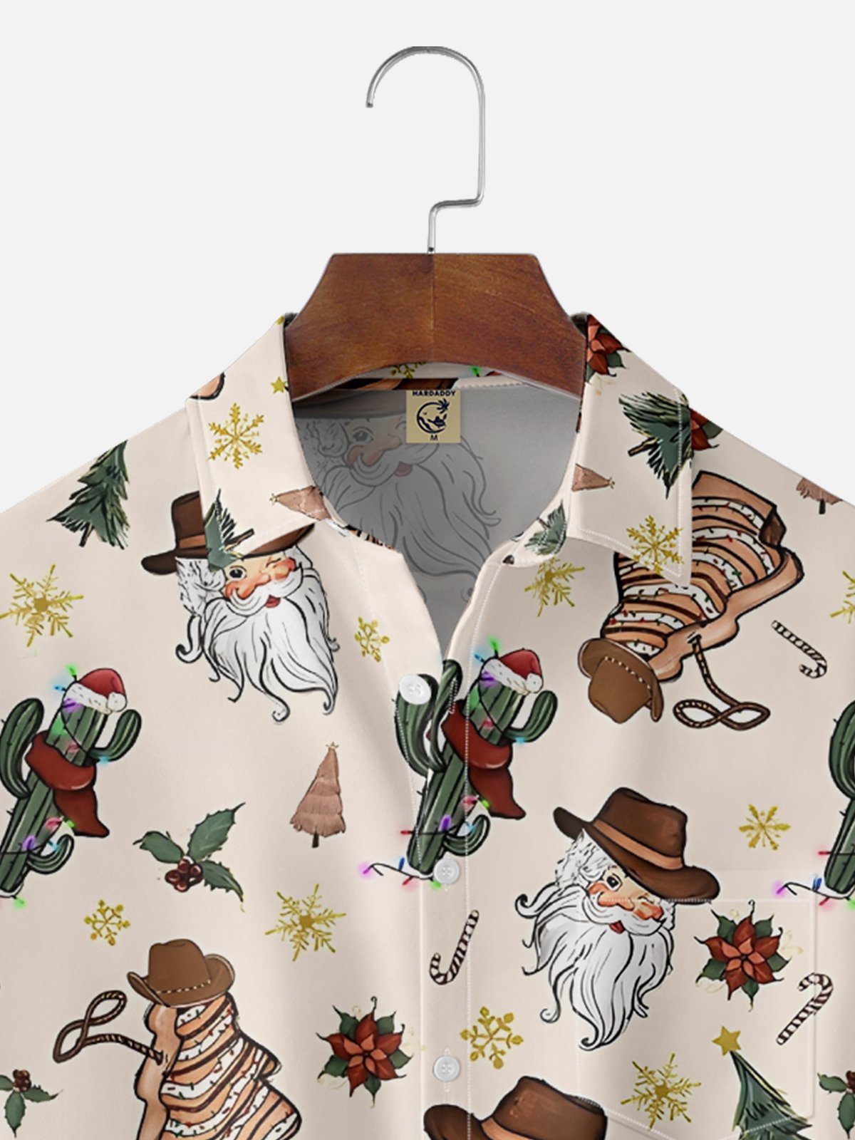 Moisture-Wicking Christmas Santa Claus Cowboy Hat Cactus Chest Pocket Hawaiian Shirt