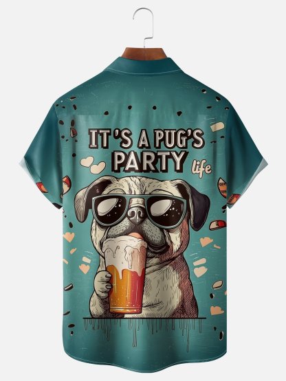 Moisture-wicking Pug‘s Party Life Chest Pocket Hawaiian Shirt