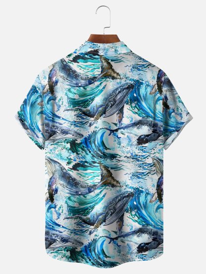 Moisture-wicking Whale Wave Ocean Chest Pocket Hawaiian Shirt