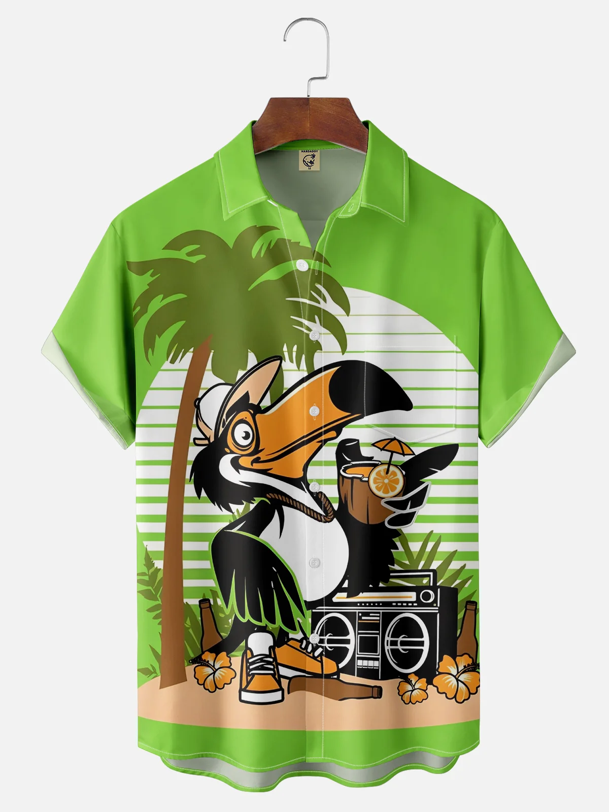 Moisture-wicking Breathable Palm Tree Toucan Parrot Chest Pocket Hawaiian Shirt