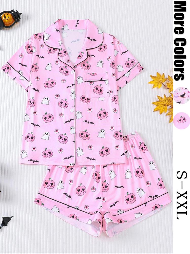 【Halloween】Women's Halloween Pajama Set, Cute Pumpkin Ghost Print, Short Sleeve Lapel Shirt & Elastic Shorts, Casual All-Season Sleepwear
