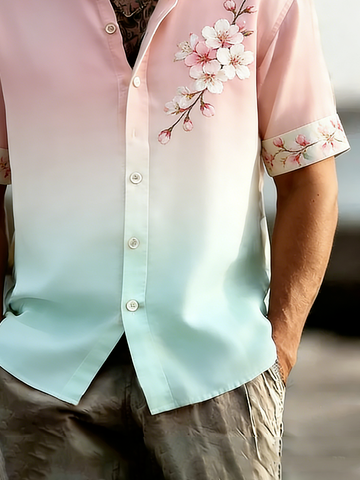 Linen Texture Solid Color Cherry Blossom Patchwork Chest Pocke Holiday Hawaiian Shirt