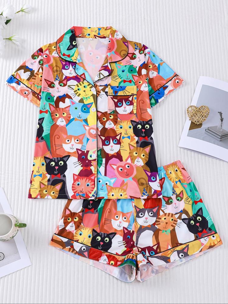 Cute Cat Print Women's Pajama Set, Short Sleeve Button Front Top & Elastic Shorts, Casual Summer Sleepwear, 2 Piece