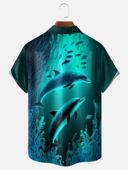 Moisture-wicking Ocean Dolphin Chest Pocket Hawaiian Shirt