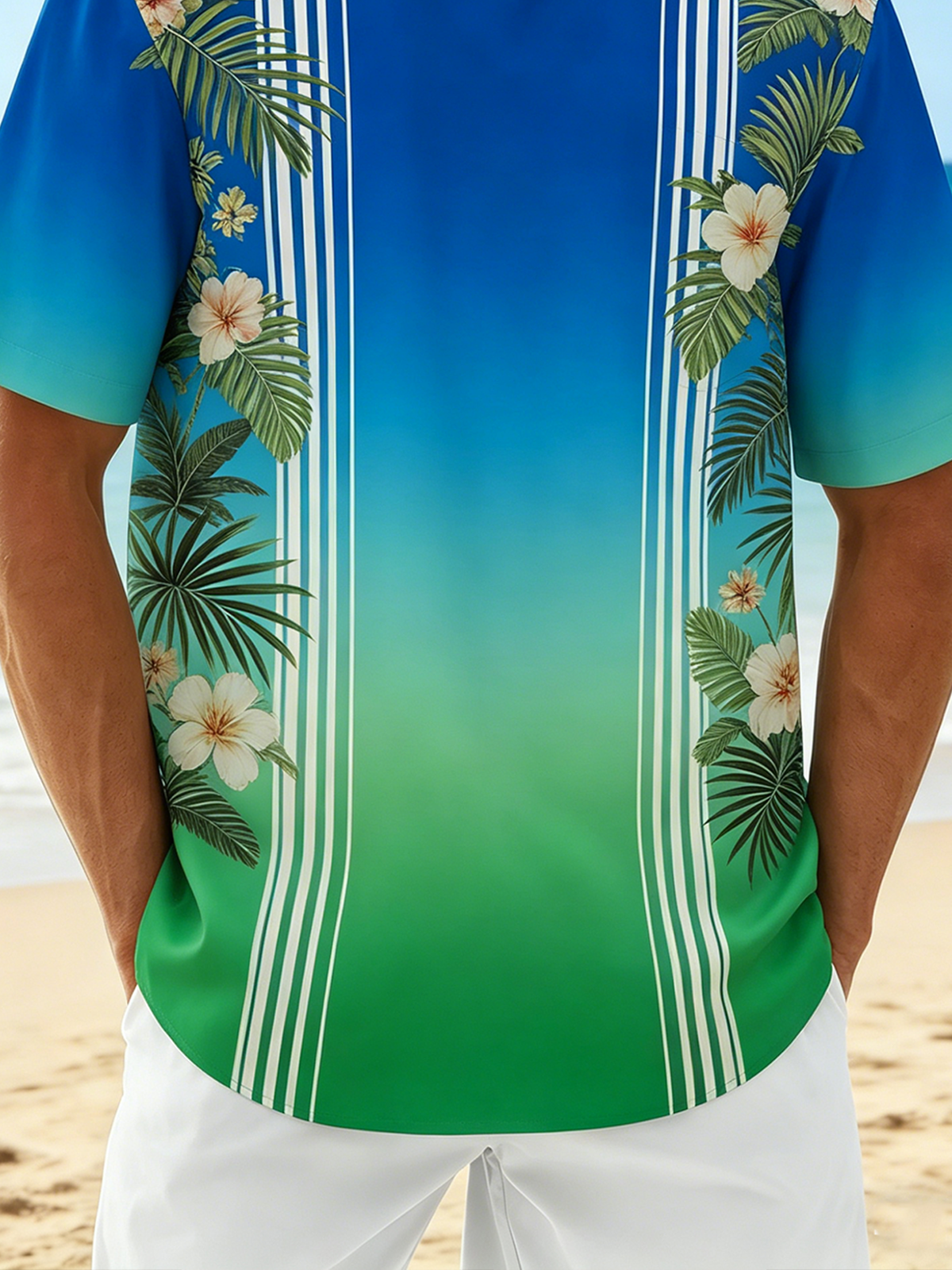Moisture-Wicking Tropical Gradient Botanical Floral Vintage Car Chest Pocket Detail Festive Hawaiian Shirt