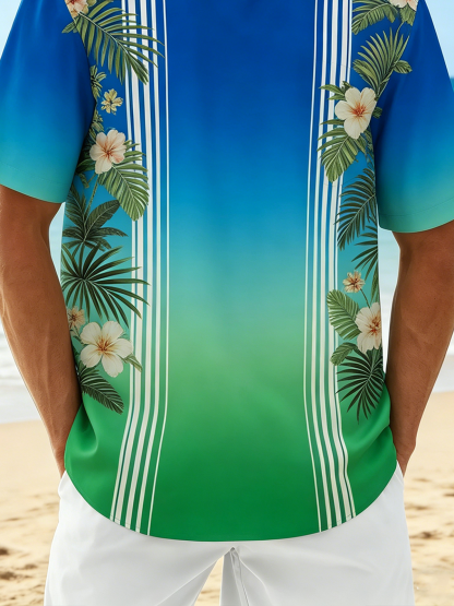 Moisture-Wicking Tropical Gradient Botanical Floral Vintage Car Chest Pocket Detail Festive Hawaiian Shirt