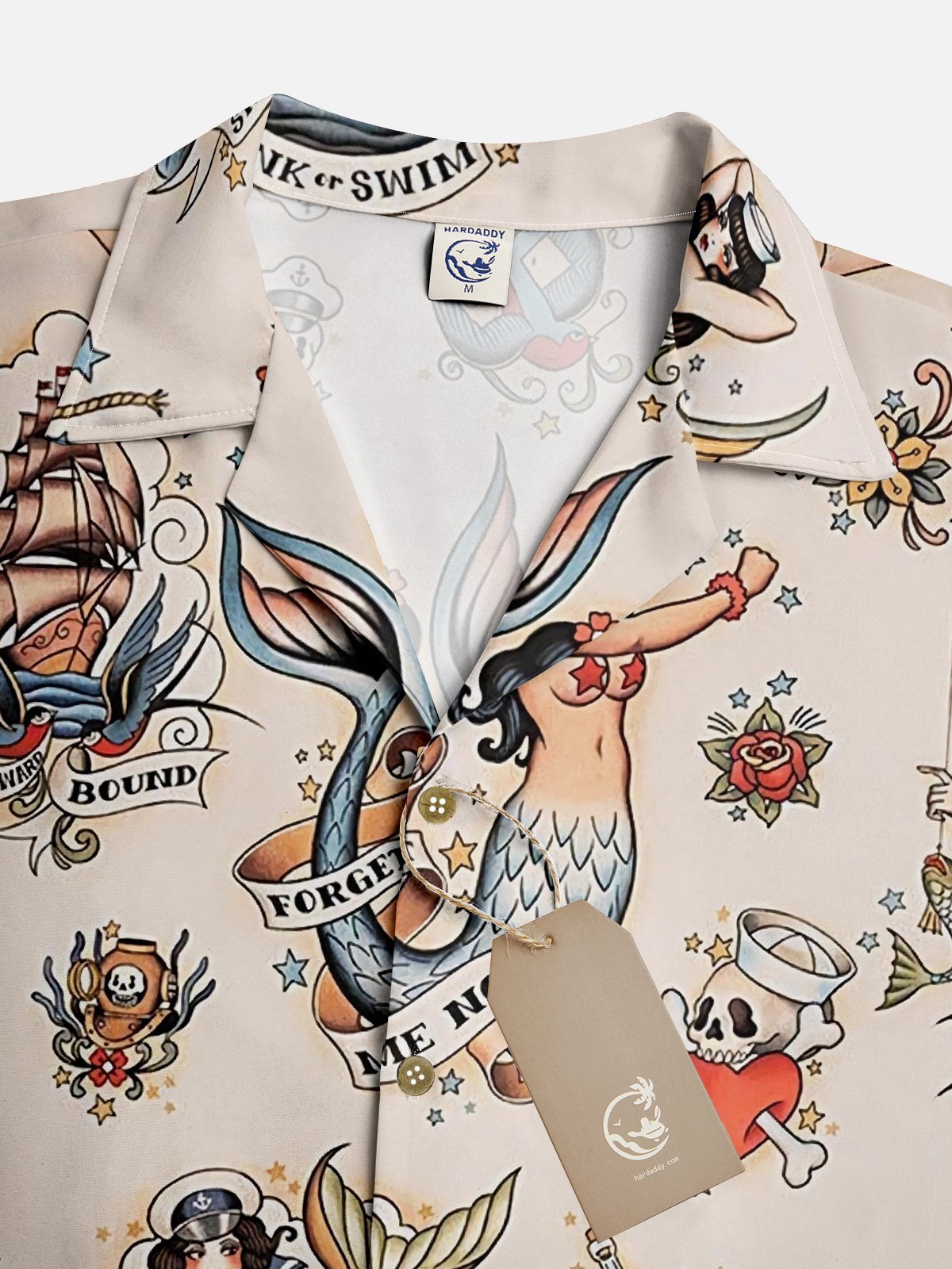 Mens Mermaid Print Front Buttons Soft Breathable Loose Casual Hawaiian Shirt