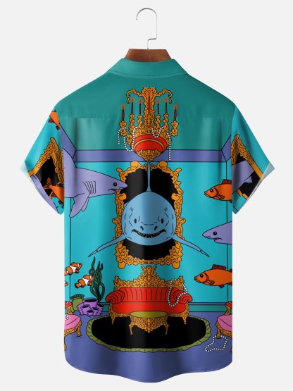 X Artist Janet Johnson Moisture Wicking Abstract Shark Art Painting Chest Pocket Hawaiian Shirt