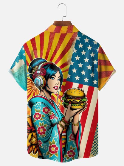 Moisture Wicking Ukiyo-e American Girl Chest Pocket Hawaiian Shirt