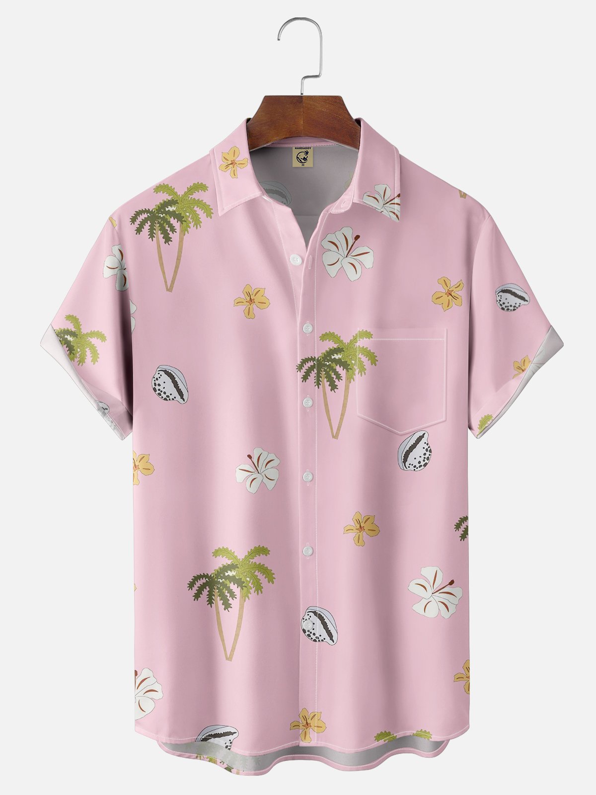 Moisture-wicking Palm Tree Floral Shell Chest Pocket Hawaiian Shirt
