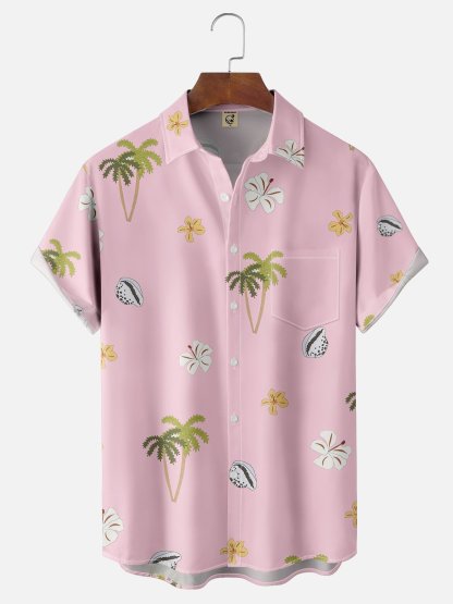 Moisture-wicking Palm Tree Floral Shell Chest Pocket Hawaiian Shirt