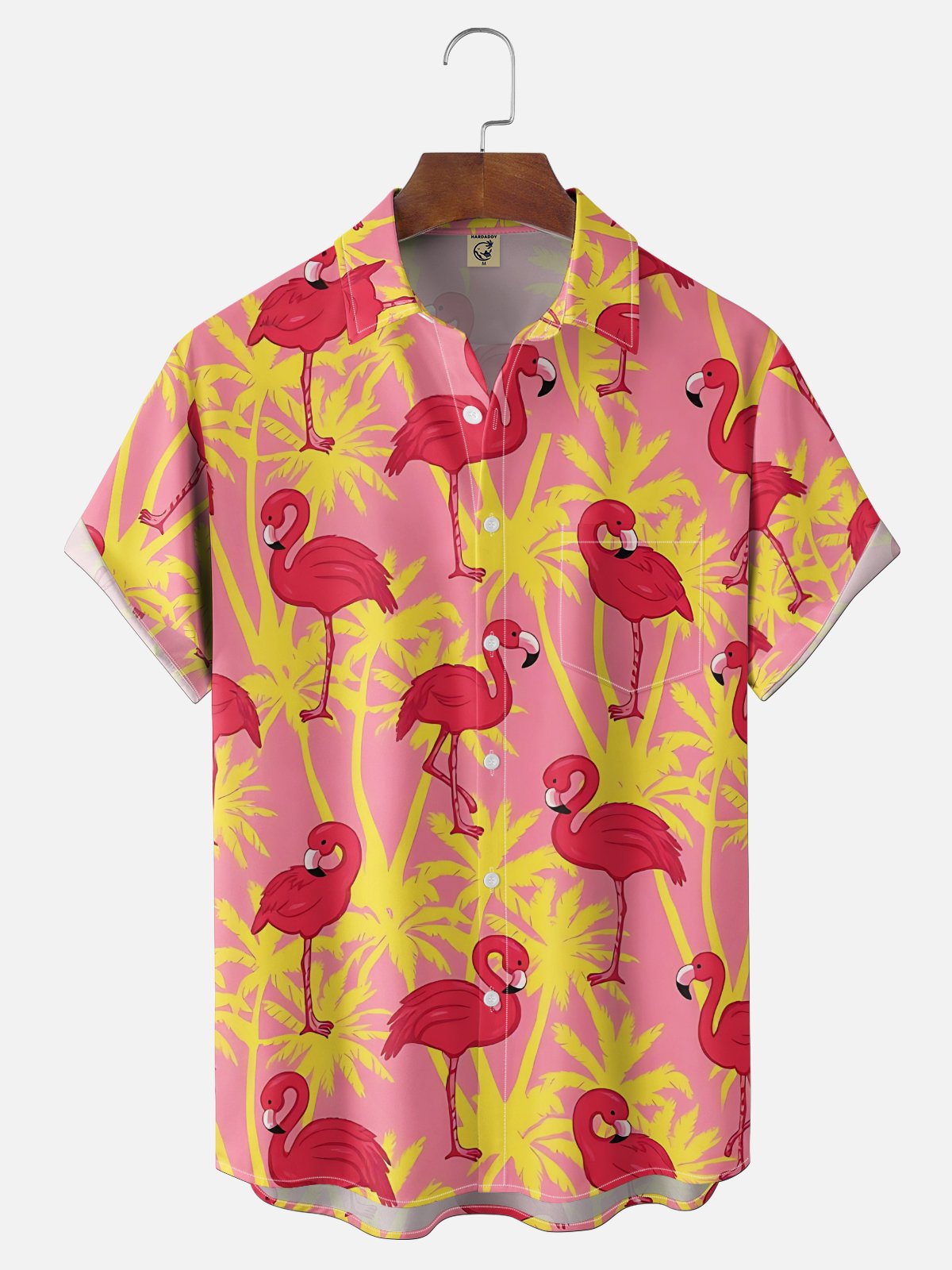 Moisture Wicking Leaf Floral and Flamingo Chest Pocket Holiday Hawaiian Shirt