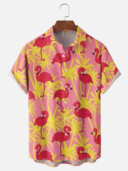 Moisture Wicking Leaf Floral and Flamingo Chest Pocket Holiday Hawaiian Shirt