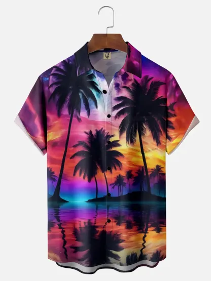 Moisture-wicking Dreamy Avant-garde Beach Coconut Tree Chest Pocket Hawaiian Shirt