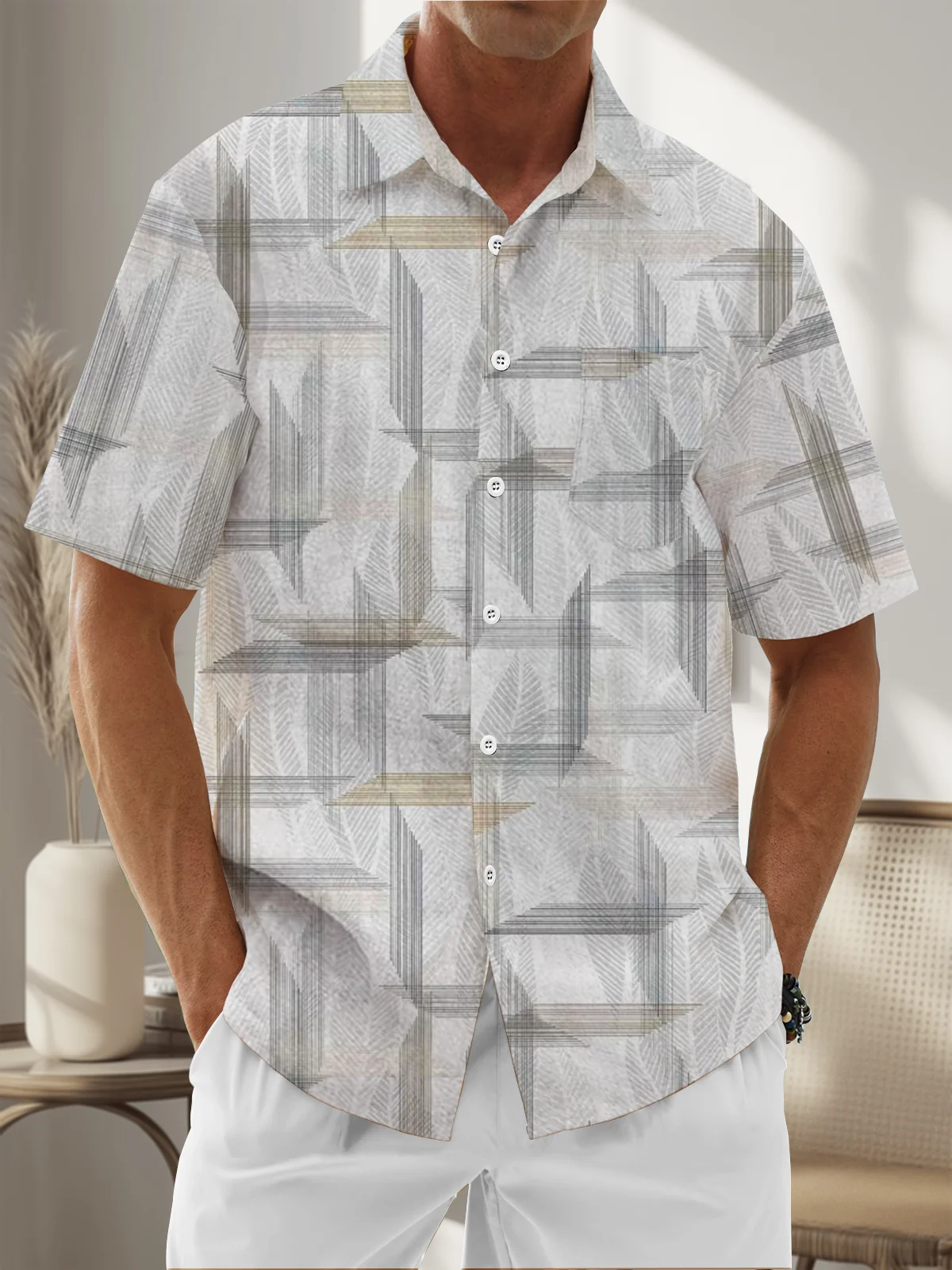 Moisture Wicking Geometric Lines Chest Pocket Hawaiian Shirt