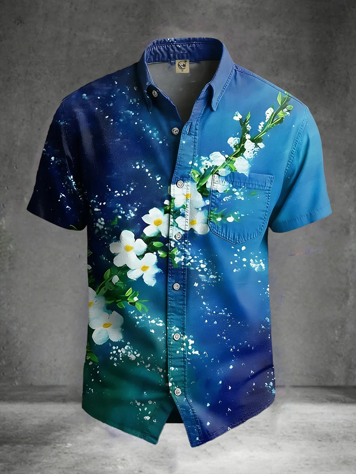 Moisture Wicking Abstract Gradient Floral & Botanical Print and Chest Pocket Holiday Hawaiian Shirt