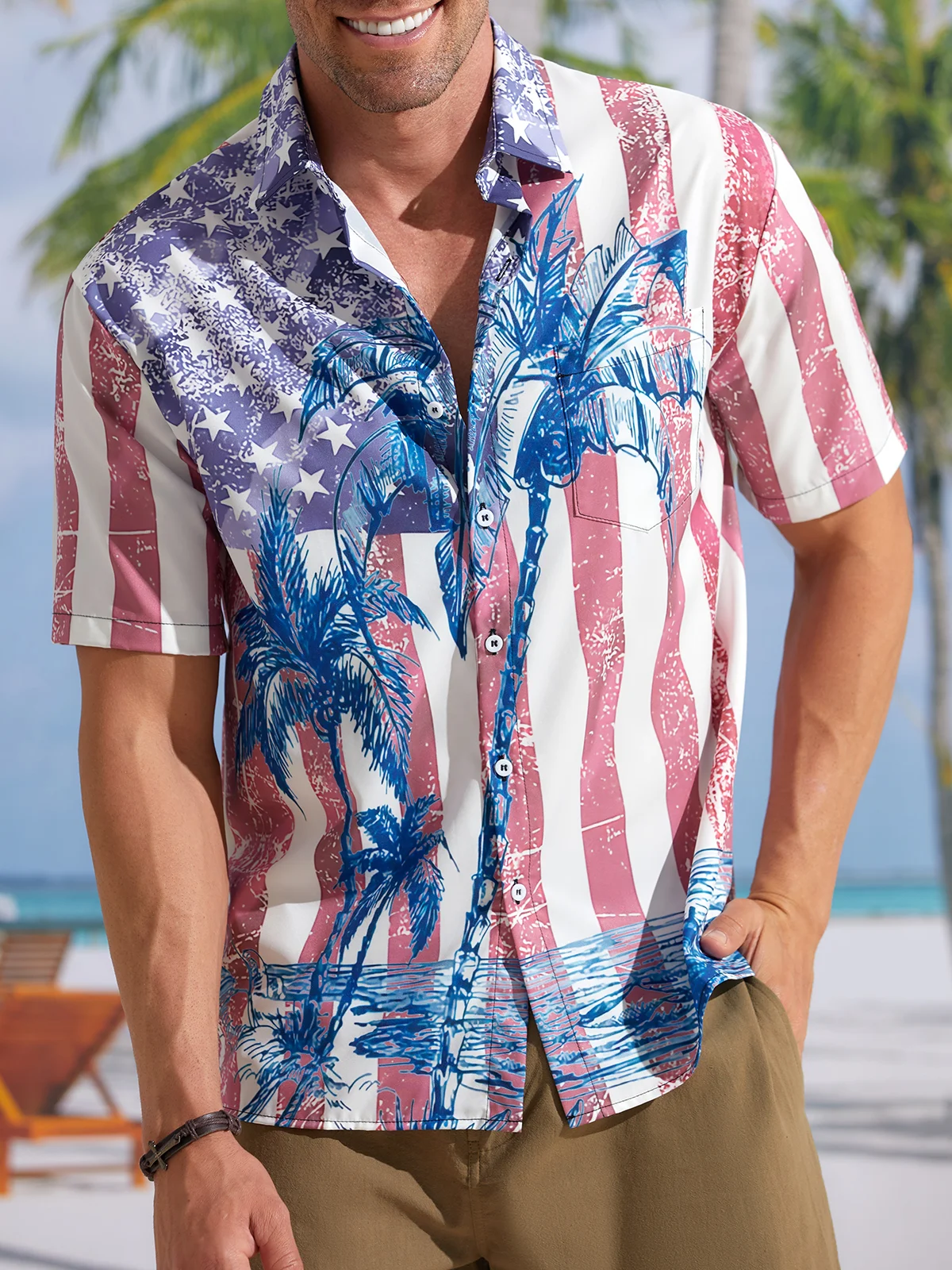 American Flag Coconut Tree Chest Pocket Short Sleeve Hawaiian Shirt