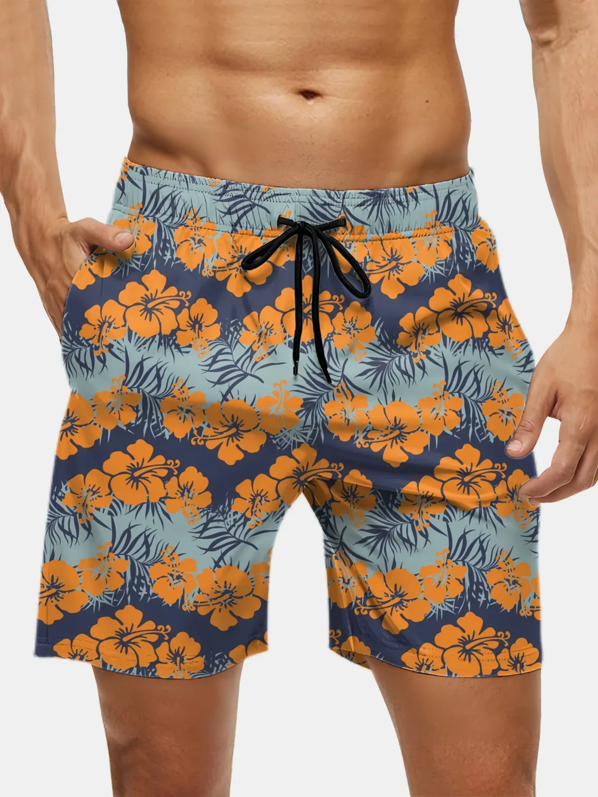 Men's Swim Trunks Hawaiian Tropical Hibiscus Flower Beach Shorts with Pockets