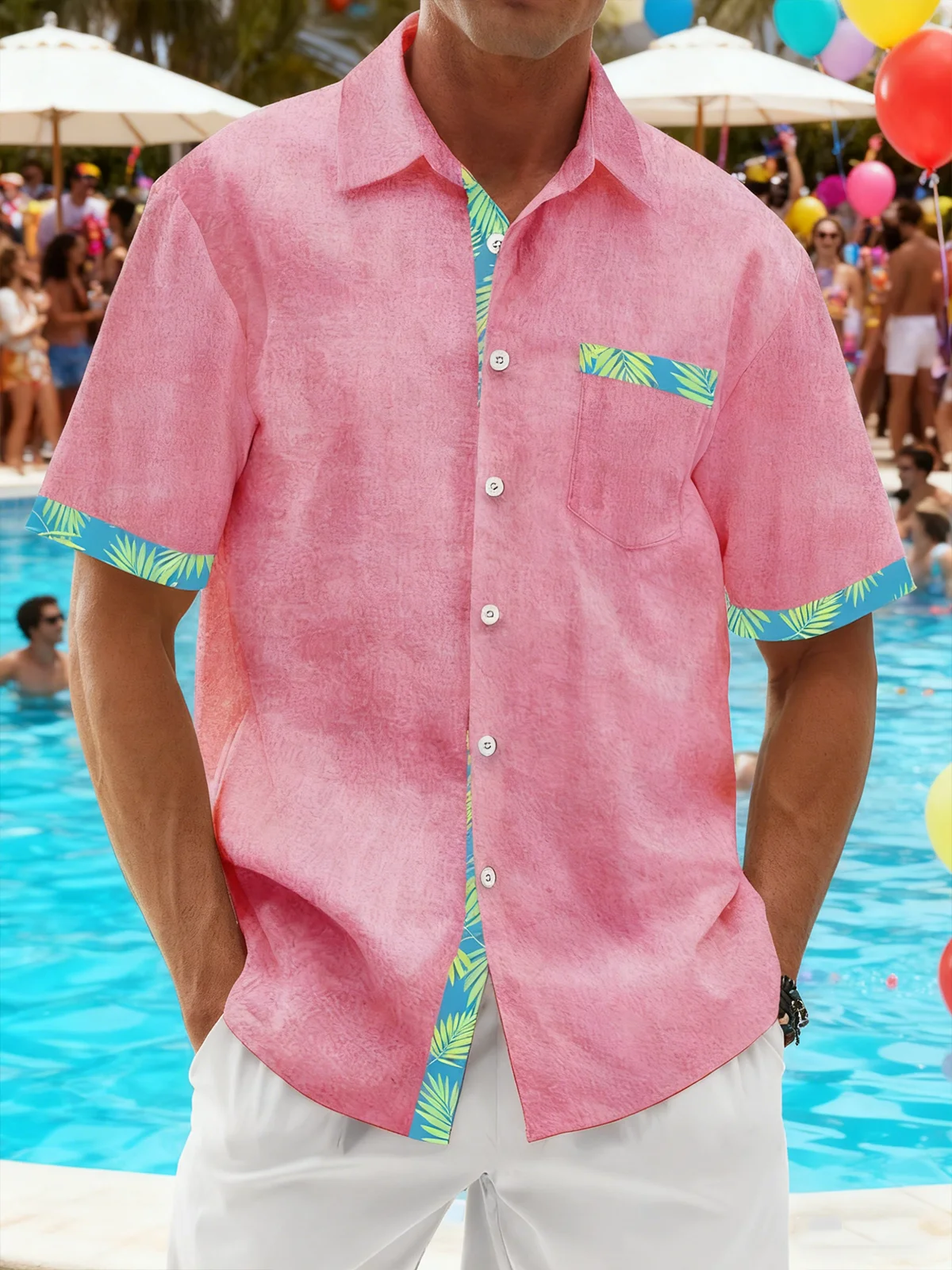 Moisture Wicking Solid Color With Floral Patchwork Chest Pocket Holiday Hawaiian Shirt