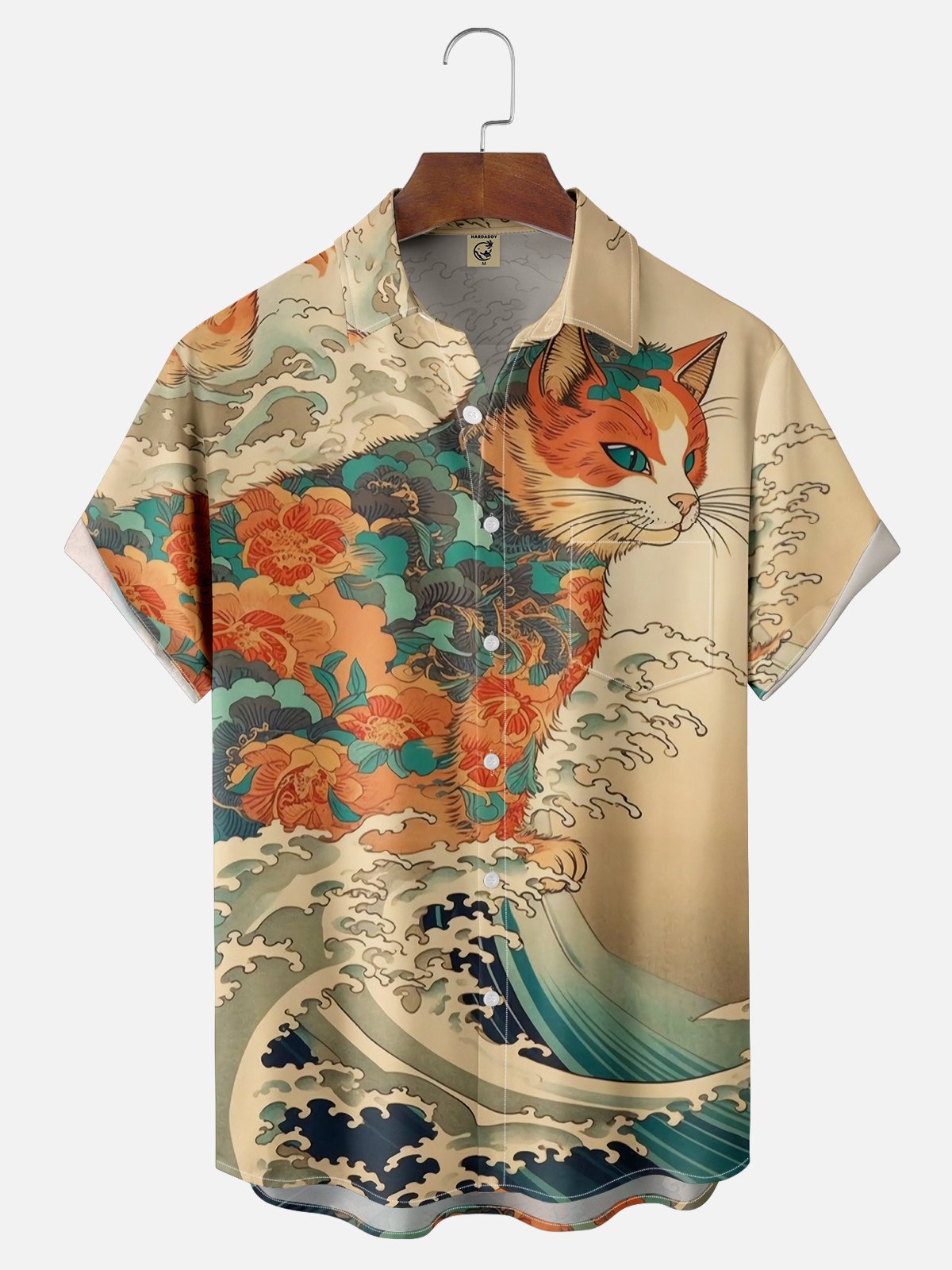 Moisture Wicking Ukiyo-e Cat Chest Pocket Hawaiian Shirt
