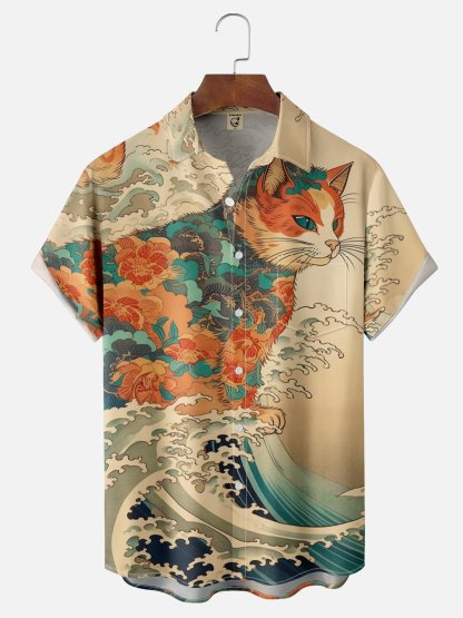 Moisture Wicking Ukiyo-e Cat Chest Pocket Hawaiian Shirt