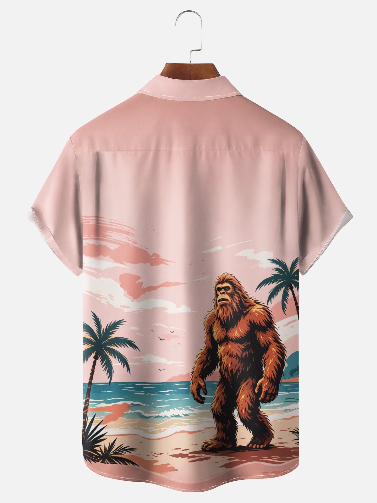 Moisture-Wicking Gradient Coconut Trees Beach And Bigfoot Print Chest Pocket Hawaiian Shirt