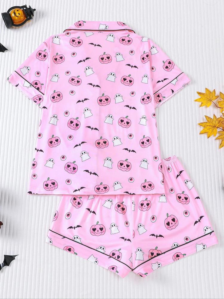 【Halloween】Women's Halloween Pajama Set, Cute Pumpkin Ghost Print, Short Sleeve Lapel Shirt & Elastic Shorts, Casual All-Season Sleepwear