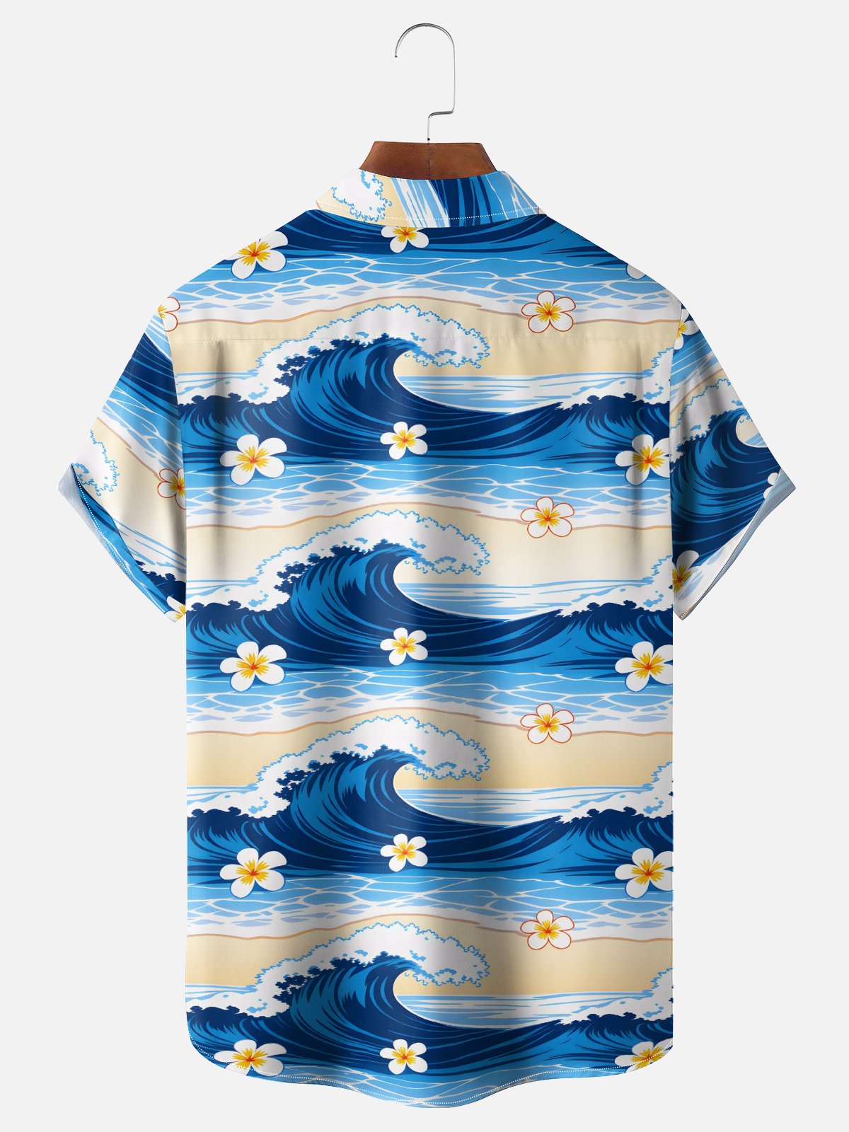 Moisture-Wicking Gradient Waves Plumeria Pattern Chest Pocket Hawaiian Shirt