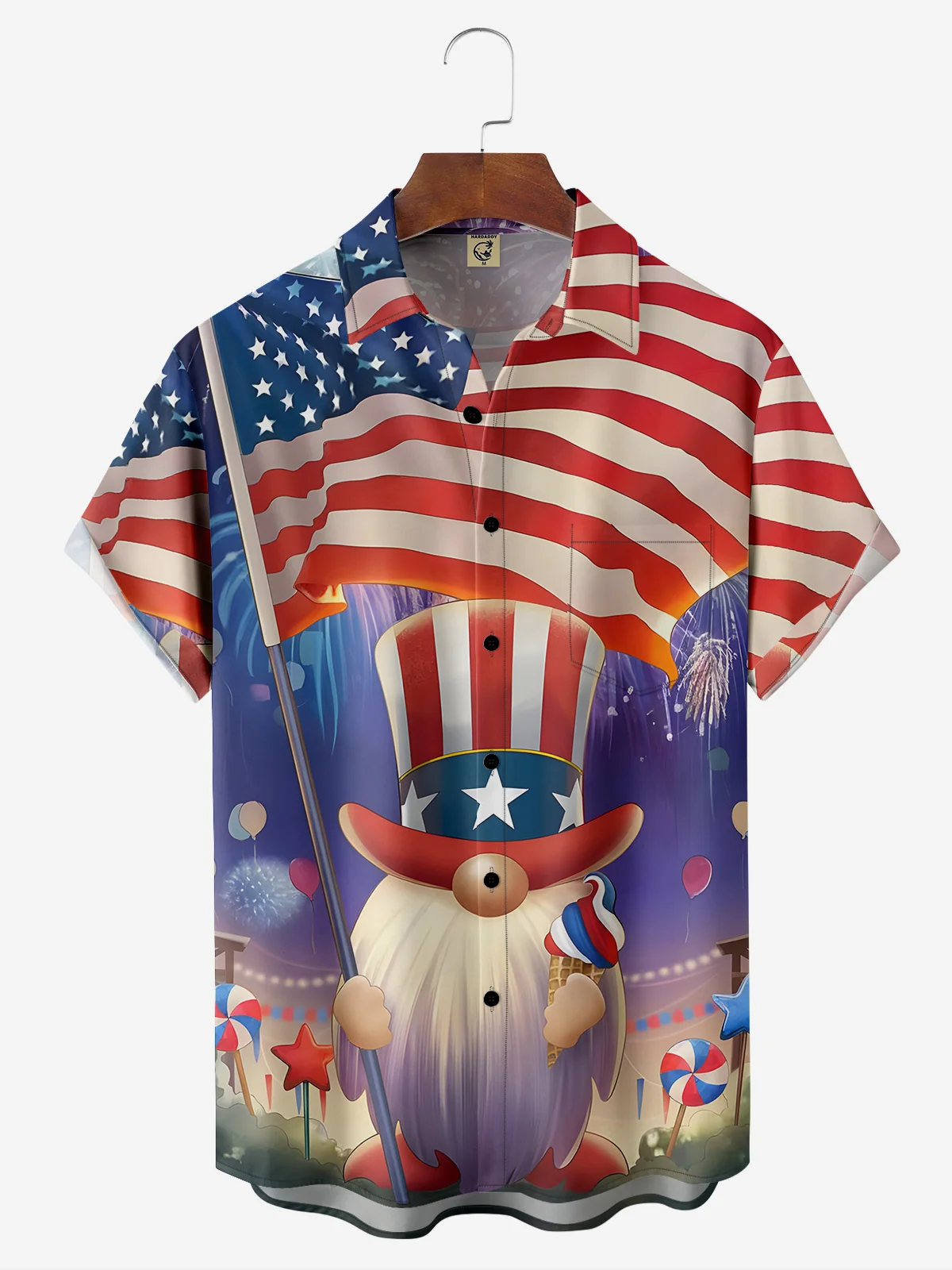 Moisture-wicking American Flag Gnome Chest Pocket Hawaiian Shirt