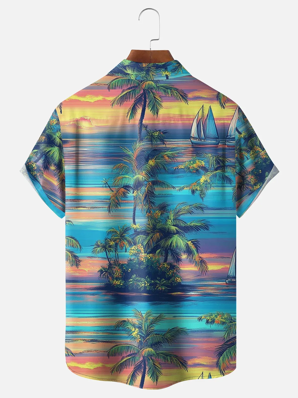 Moisture-wicking Tropical Palm Tree Chest Pocket Hawaiian Bowling Shirt