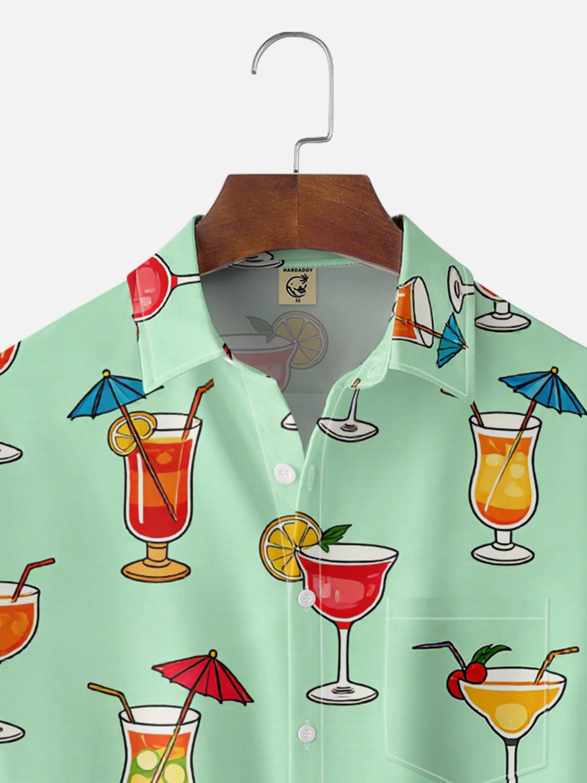 Moisture-Wicking Cocktail & Lemon Slice Print Chest Pocket Hawaiian Shirt